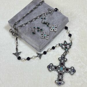 Vintage Cynthia Garrett Pearl And Gemstone Cross Necklace Set